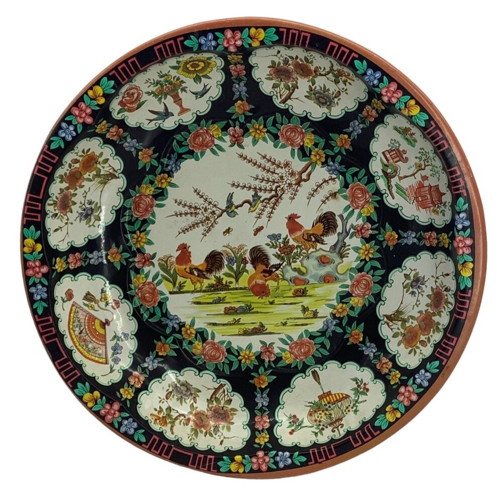 Vtg 1971 Daher Tin Bowl Floral Rooster Asian Inspired England‎ Made 10"